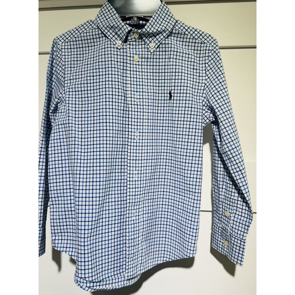 Ralph Lauren Button Down Classic Preppy Natural Stretch Boys Size 5 Blue Plaid